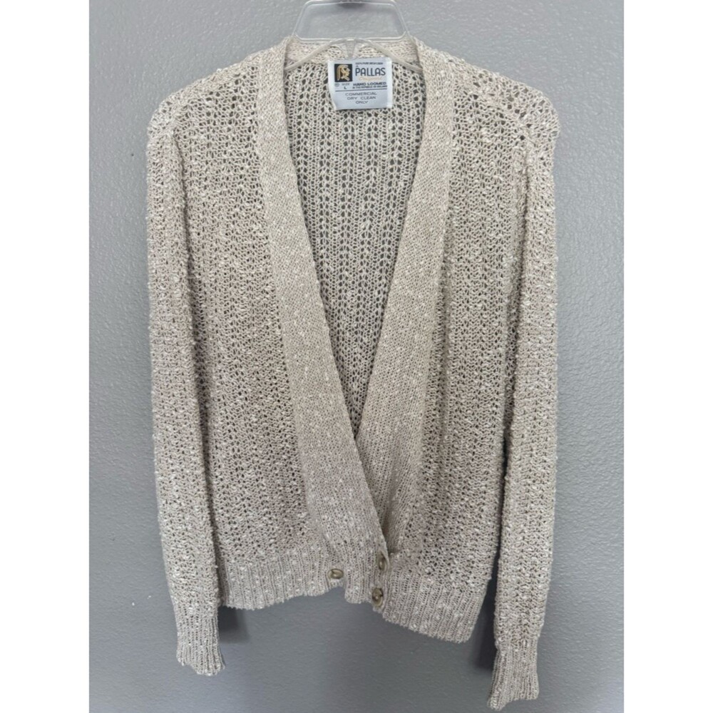 VTG Pallas Original Ireland Irish Linen Hand Loomed Cardigan Sweater Beige L